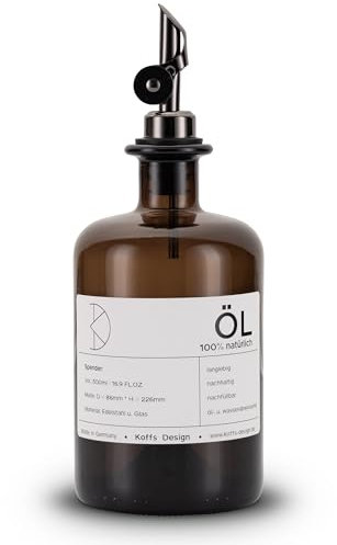 Koffs Design Bouteilles d'huile à remplir - Distributeur d'huile moderne en verre marron avec bec verseur en acier inoxydable - Distributeur d'huile et de vinaigre - Bouteilles imprimables