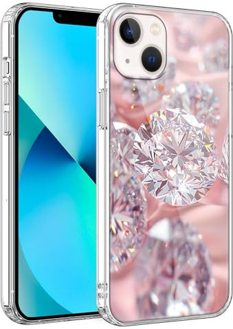 Phoona Cover per iPhone 13 Mini 5,4'', Cellulare Trasparente Silicone Morbido Custodia per telefono Aesthetic Motivo Disegno Protezione Fotocamera Antiurto AntiGraffio Case per Ragazze, Diamante Rosa