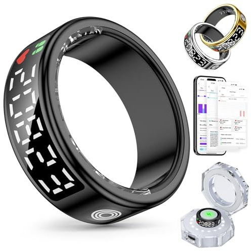 Gwenland Bague Connectée Homme Femme, Smart Ring Health Fitness avec écran LED, Anneau Intelligent IP68 Compatible avec iOS/Android,Tracker d'activité/fréquence cardiaque/SpO2/Sommeil (Noir, 11)