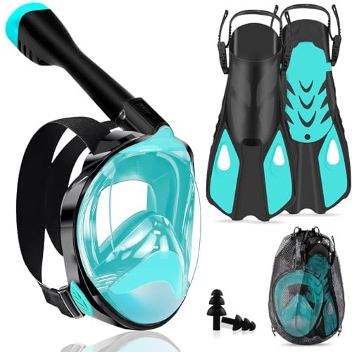 Joellfuner Set da Snorkeling per Adulti, Maschera Subacquea Integrale, 180° Visuale Panoramica, Anti-Appannamento e Anti-perdite, Pinne Regolabili, Adatto alle Immersioni e al Nuoto (Verd, S/M)