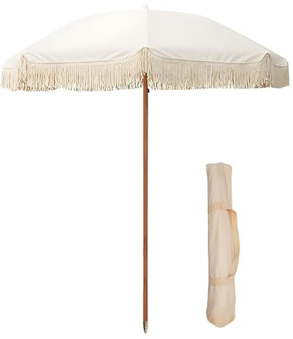 6.5 ft Fringed Garden Parasol, UPF 50+ Portable Boho Tilt Beach Umbrella, Waterproof Tassel Umbrella