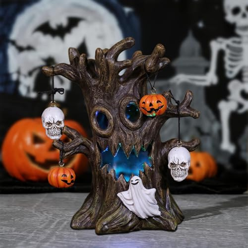 Halloween Deko Baumstumpf Licht mit Dekoration Hängen Geister Kürbis Schädel LED Harz Horror Figuren Halloween Statue für Party Beleuchtung Deko Innen Außen Garten
