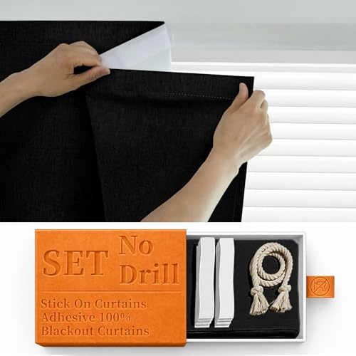 Sovtfides 100% Blackout Magic Tape Stick On Curtains Window Shades Pull Down Blackout Window Cover No Drillng Self Adhesive Curtains No Rod Small Windows, W35 x L60 inch, 1 Panel, Black