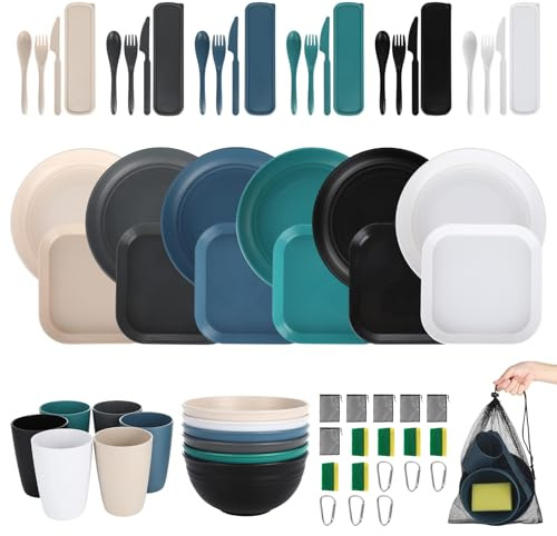66 Pcs Wheat Straw Dinnerware Sets, Unbreakable Dinnerware Set, Reusable Wheat Straw Plates and Bowls Set for 6, Camping Mess Kit for Travel,Camping Essentials,Picnic,Home,Party