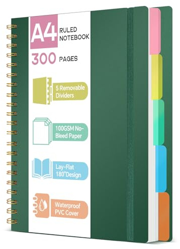 ihaspoko A4 Notizbuch mit Register - 100g/m² nicht durchscheinendes Papier, 300 Seiten, PVC Hardcover, Spiralbindung für Schule, Büro & Geschenke