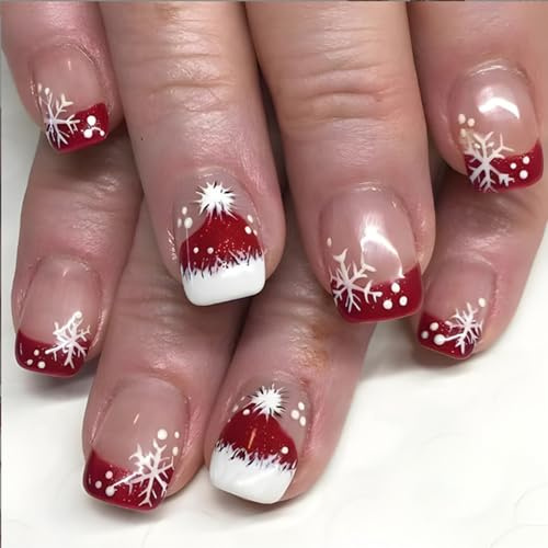 NICENEEDED 24 PCS Ongles à Coller Noël Faux Ongles Courts Carrés avec Flocons de Neige et Bonnet de Noël Rouge Ongles Artificiels Mignons à Couverture Complète pour Femmes Manucure DIY