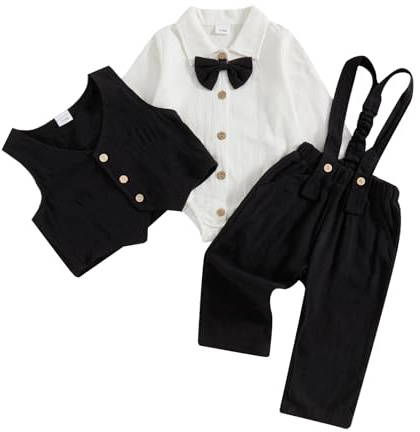 JCOPLY Baby Boy Gentleman Outfit Long Sleeve Bow Tie Romper Button Waistcoat Suspenders Trousers 3Pcs Newborn Clothes Birthday Wedding Formal Suit (Black, 0-3 Months)