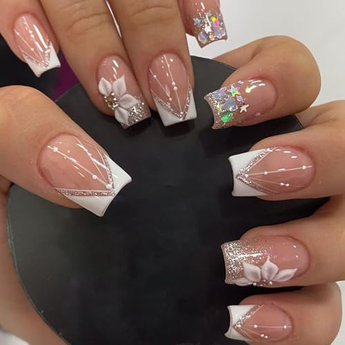 Ceboic 24 Stück French Press On Nails, Square Künstliche Nägel mit 3D Blumen und Sterne, Glitzer Acryl Full Cover Fake Nägel, Nude Rosa Natürlich Künstliche Nägel Zum Aufkleben für Frauen & Mädchen