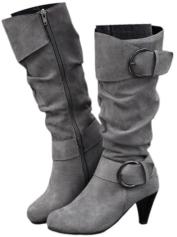 Xbemkste Bottes longues en daim pour femme - Boucle de ceinture - Bottes larges avec talon - Bottes western hautes - Bottes d'hiver élégantes, gris, 38.5 EU