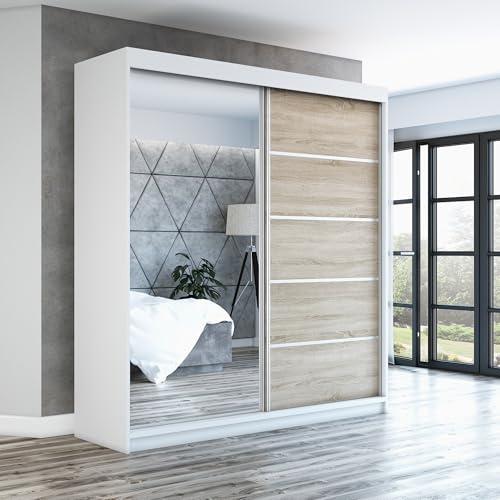 A&J MöbelLand Schwebetürenschrank GAPI Kleiderschrank 2-türig mit Spiegel, Garderobe 160 cm (Weiß/Sonoma/Sonoma)