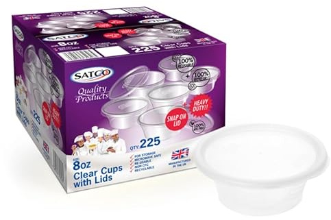 FR Enterprises Satco 8oz Reusable Plastic Sauce Cups with Lids | Small Portion Pots for Dips, Sauces & Dressings | Leakproof Clear Food Containers for Takeaway, Meal Prep & Catering (Pack of 100)
