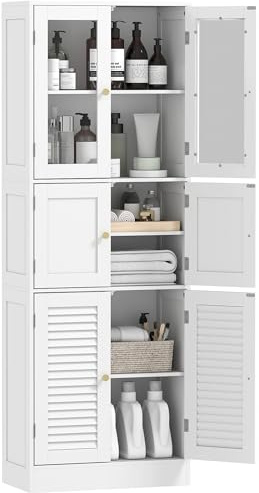 HOMCOM Armario de Baño Alto, Columna de Baño Estrecha con Puertas de Vidrio, Puertas de Lamas, Estantes Ajustables, 60x30x170 cm, Blanco