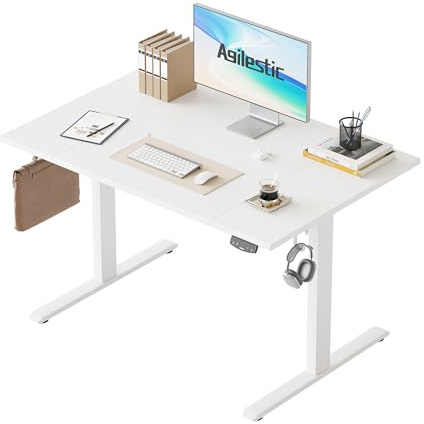 Agilestic Height Adjustable Electric Desk, 2 Memory Height, 120x80cm | 80cm wider Standing Desk, 72-116cm, Sit-Stand Office Desk with 2 Hooks, Computer Desk for Home Office, 4 pcs Desktops, White