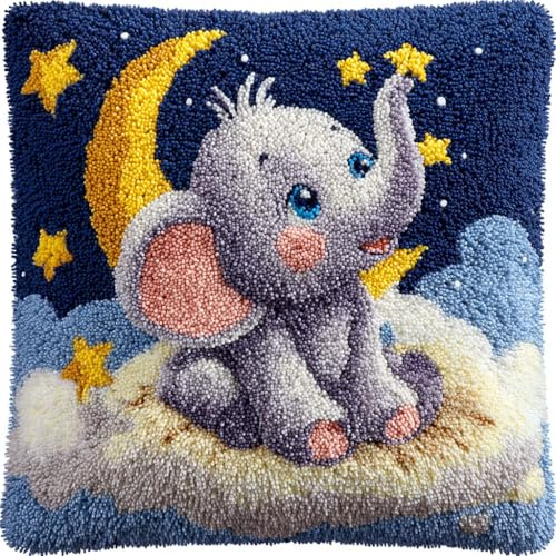 Henypt Kit Point Noué Coussin, Les animaux, les éléphants et la lune Crochet de Verrouillage Kits de Coussins avec Crochet, Tapis Point Noué à Faire, Kit Broderie Coussin 43x43cm