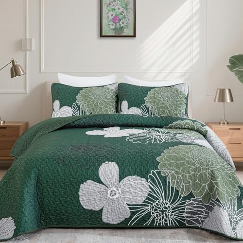 Anibedding King Size Quilt, Green Floral Bedspread King Size Boho Farmhouse Flower Bedding Quilts Set with 2 Shams, 3 Pieces Soft Microfiber Lightweight Coverlet Set for All Season 110x90