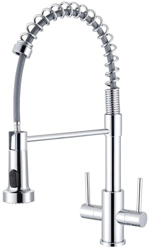 Pull Out Kitchen Tap Spring, Eovem Chrome Kitchen Sink Mixer Taps Monobloc Dual Lever Stainless Steel 1 Hole with High Arc 360° Swivel Spout Spray Faucet