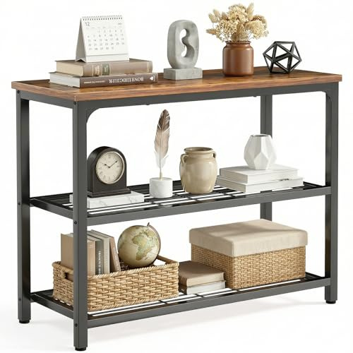 iSunirm Konsolentisch Schmal 80 cm, Industrie-Design Beistelltisch mit 2 Gitterablagen, Flurtisch Holz & Metall, Robuster Eingangstisch für kleine Flure, Schmales Sideboard hinter dem Sofa, Braun