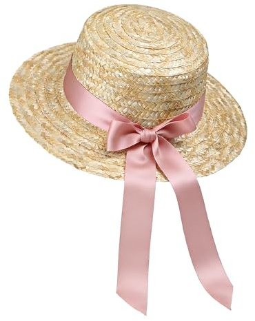 ZCJ Chapeau de paille pour femme - Paille de blé avec nœud décoratif - Avec protection UV 50+ - Pour la plage, les vacances et l'été, Rose, 56-58