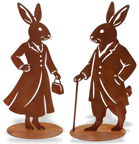 Rostikal Dekoratives Rost Hasenfiguren Set für Garten, Wohnbereich & Tischdeko – Osterdeko aus Metall mit Bodenplatte als stehende Hasen Dekofigur