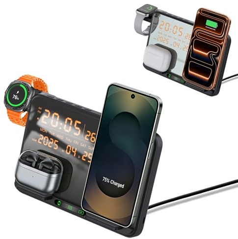 3 in 1 Wireless Charger Charging Station with Digital Alarm Clock, Fast Charge for iPhone,Air Pods,Apple Watch Series, Samsung Galaxy Phones/Watch/Buds,LED Display with Temperature,Date,12/24H Clock