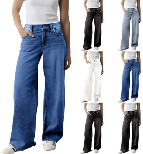 Ladies Jeans Size 16 Baggy Jeans for Women UK Casual Stretch High Waisted Denim Trousers Fashion Straight Wide Leg Jean with Pockets Loose Fit Y2K Boyfriend Pants for Outdoor Office Blue