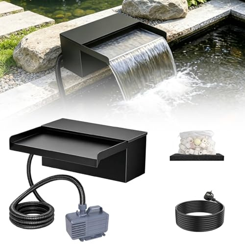 Teichwasserfall Set, 20cm Edelstahl Wasserfall Teich Überlauf für Gartenteich Komplett mit Pumpe Filter, 2500 L/H Pumpe, 3 m Schlauch für Gartenteich Wasserspiel Garten Deko Patio Terrasse Außenteich