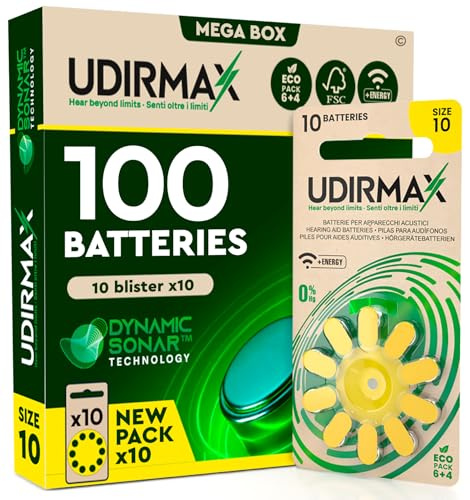 100 Batterie per Apparecchi Acustici Misura 10 Gialle PR70 - Pile Zinco-Aria 1,45V Udirmax Tecnologia Dynamic Sonar - Formato Eco Pack - 10 Blister Ecologici da 10 Pile