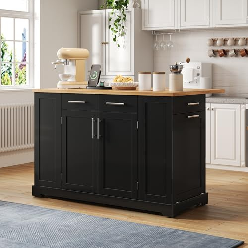 MAMAINI Isola da cucina da 138 cm, moderno, piano di lavoro pieghevole, ruote silenziose, ripiani regolabili, bidone estraibile, nero con effetto legno, nero e naturale