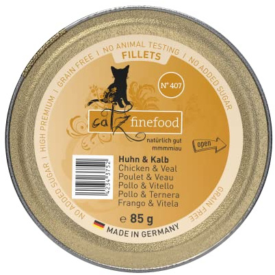 catz finefood kattfoder våta fina filéer nr. 407 kyckling & kalv i gelé – spannmålsfritt våtfoder för din katt utan socker – kattvåtfoder från finaste i gelé, 85 g (förpackning med 12)
