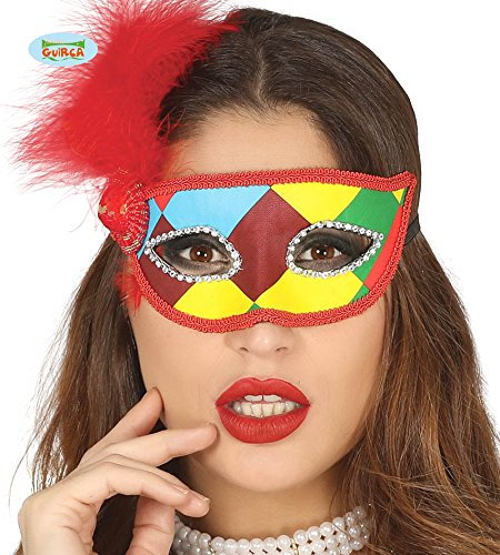 Guirca Venezianische Maske Multicolor mit roter Federn Halbmaske Fasching Party