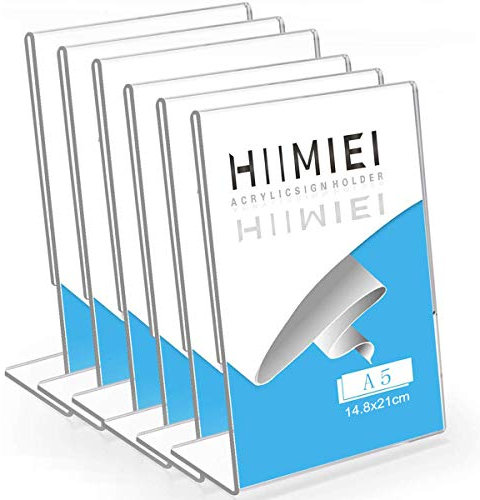 HIIMIEI A5 Tischaufsteller Schräg, 6 Stück Werbeaufsteller / L- Ständer Ideal für Cafés, Restaurants, Ausstellungen, Büros,Werbeaktionen,Dokumente- Glasklar Acryl