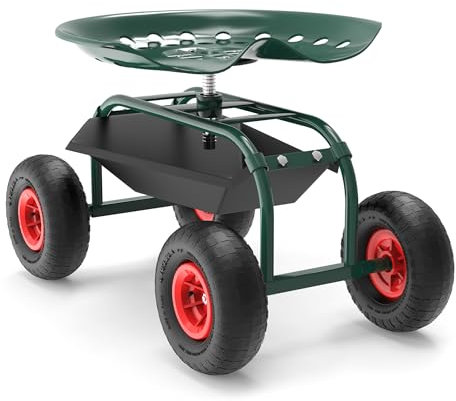 Wiltec Gartenwagen mit Ablagefläche bis 150kg Gartenhocker mit Reifen Gartentrolley für Gartenarbeit Werkstattwagen Rollwagen Arbeitssitz Gartensitz fahrbar