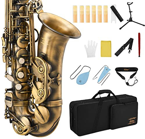 Eastar Alto Saxophone Antique Finish Bronze Vintage Sax Eb E-flat Student Beginner with Case, Mouthpiece, Straps, Reeds, Saxo Stand, Cleaning Kit, AS-Ⅱ-Ab
