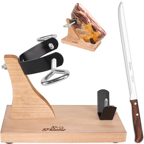 PECELLÍN Soporte Jamonero para Centros de Jamón + Cuchillo Jamonero de 25 cm - Tabla de Corte en Madera Natural para Jamón Serrano e Iberico Curado Deshuesado Base Antideslizante Estable