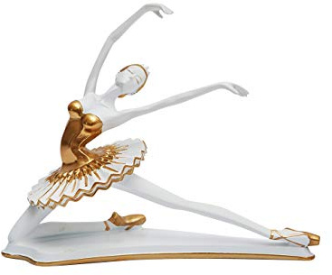 HAUCOZE Ballerina Figur Yoga Tanz Deko Mädchen Statue Modern Skulptur 20cm | Weiß Gold Polyresin Ornament Handgefertigtes Kunstobjekt Geburtstag Fest Geschenk für Tisch Bücherregal Schrank