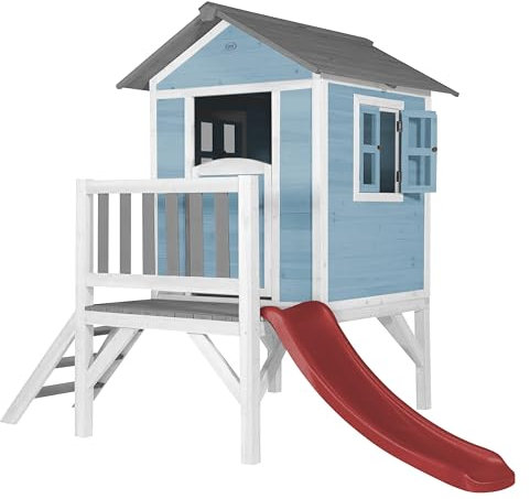 AXI Beach Lodge XL Casetta blu con scivolo rosso | Casa per bambini su palafitte con veranda in legno FSC | Parco giochi per il giardino.