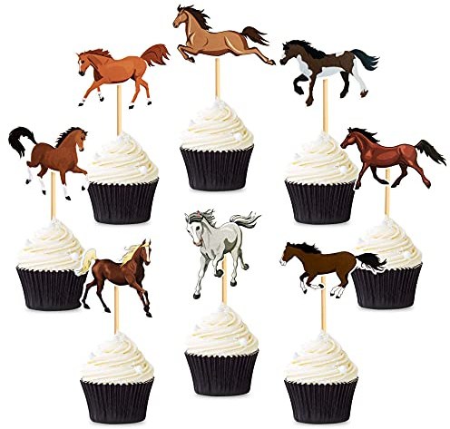 Blumomon Cupcake-Topper mit Pferde-Motiv, montiert, Pferderennen, Kuchendekoration für Pferdesport, Geburtstag, Babyparty, Hochzeit, Party, 32 Stück