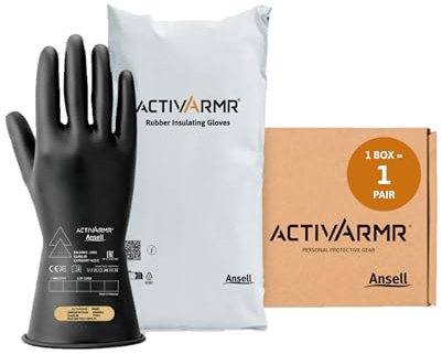 Ansell ActivArmr Gants Electricien, Protection Électrique Classe 00 (Tension 500V), Isolants en Latex de Caoutchouc Naturel, EPI Professionel, 28cm, Noir, Taille L (1 Paire)