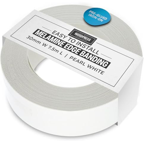 WoodPress® 30mm Pearlised White Melamine Edging, Pre-Glued Veneer Tape – 7.5m Roll - Iron-On for Easy DIY Application – Will Cover the Edge of a Standard MDF Panel