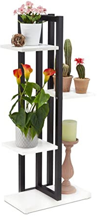 Relaxdays Blumenregal Metall, 4-stufige Indoor Blumentreppe, Holzoptik, HxBxT: 93 x 42,5 x 22,5 cm, Pflanzenregal, weiß