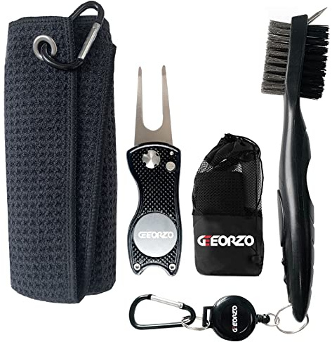 Geeorzo Golf Zubehör, 3-IN-1 Einziehbare Golfschlägerbürste, faltbares Golf Divot Reparaturwerkzeug, Mikrofaser-Golfhandtuch für Golftaschen mit Clip (schwarz)