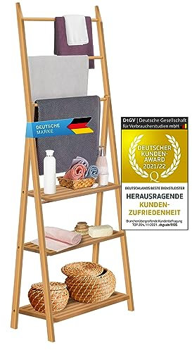 Badregal & Handtuchhalter XL aus Bambus; Badezimmer-Regal mit Ablage, Kleiderleiter & Handtuchständer; Platzsparendes & freistehendes Leiterregal