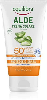equilibra Solari, Aloe Crema Solare SPF 50+, a Base di Aloe Vera, Vitamina C ed E, Olio di Argan, Olio di Cocco e Burro di Karité, Assicura un'Abbronzatura Sana e Naturale, Water Resistant, 150 ml