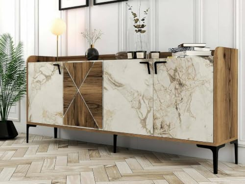 Dmora - Console Deneb, Buffet de Salon, Meuble Bas pour TV, Socle Mural équipé, 180x35 h78 cm, Noyer et Marbre Blanc