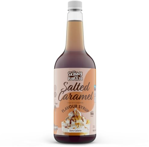 Skinny Food Co Salted Caramel Syrup Zero Calorie 1L Sugar Free Coffee Syrup | Zero calorie syrup for coffee, tea, hot chocolate, protein drinks, desserts and baking. Vegan, gluten-free and fat-free.