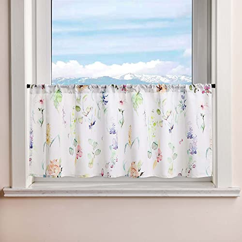 Delien Scheibengardine Bunt Bistrogardinen mit Tunnelzug Landhaus Küchengardine Bedruckte Cafe Kurzstores Weiß Kurze Gardinen mit Blumenmuster Modern 1 St. Breite x Höhe 140x60cm
