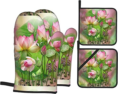 Spirit of The Lotus Guanti da forno e presine Guanti da barbecue Impermeabili e durevoli per cucinare Cottura alla griglia Set da 4 pezzi