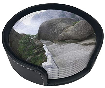 Stone Ladder Printed 6 Pieces Coasters with Leather Coaster Set Storage Box Coasters for Drinks Cup Mat for Coffee Table Wooden Table Kitchen Decor