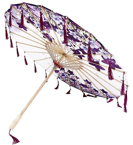VALICLUD Vintage Japanese Style Decorative Silk Cloth Umbrella with Smooth Polished Wood Handle, for Wedding Party Decoration and Dance Costume Accessory
