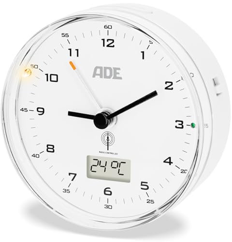 ADE Funk wecker analog ohne Ticken | Uhr mit Temperaturanzeige und Kalender | lautloser analoger Wecker mit Licht | Funkwecker mit Batterie | kleine Uhr zum Hinstellen | weiß
